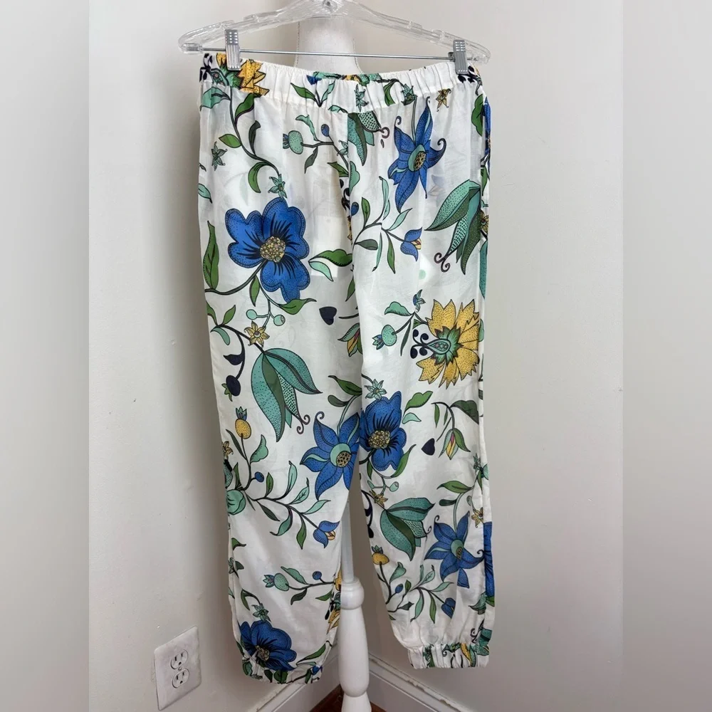 Tory Burch Printed Beach Pants in Ivory love floral Cotton Silk Size Medium NWT